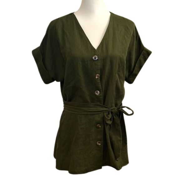 Ann Taylor Button Front Tie Waist Shirt Size M Drop Cuff Short Sleeve Lyocell - Picture 1 of 9